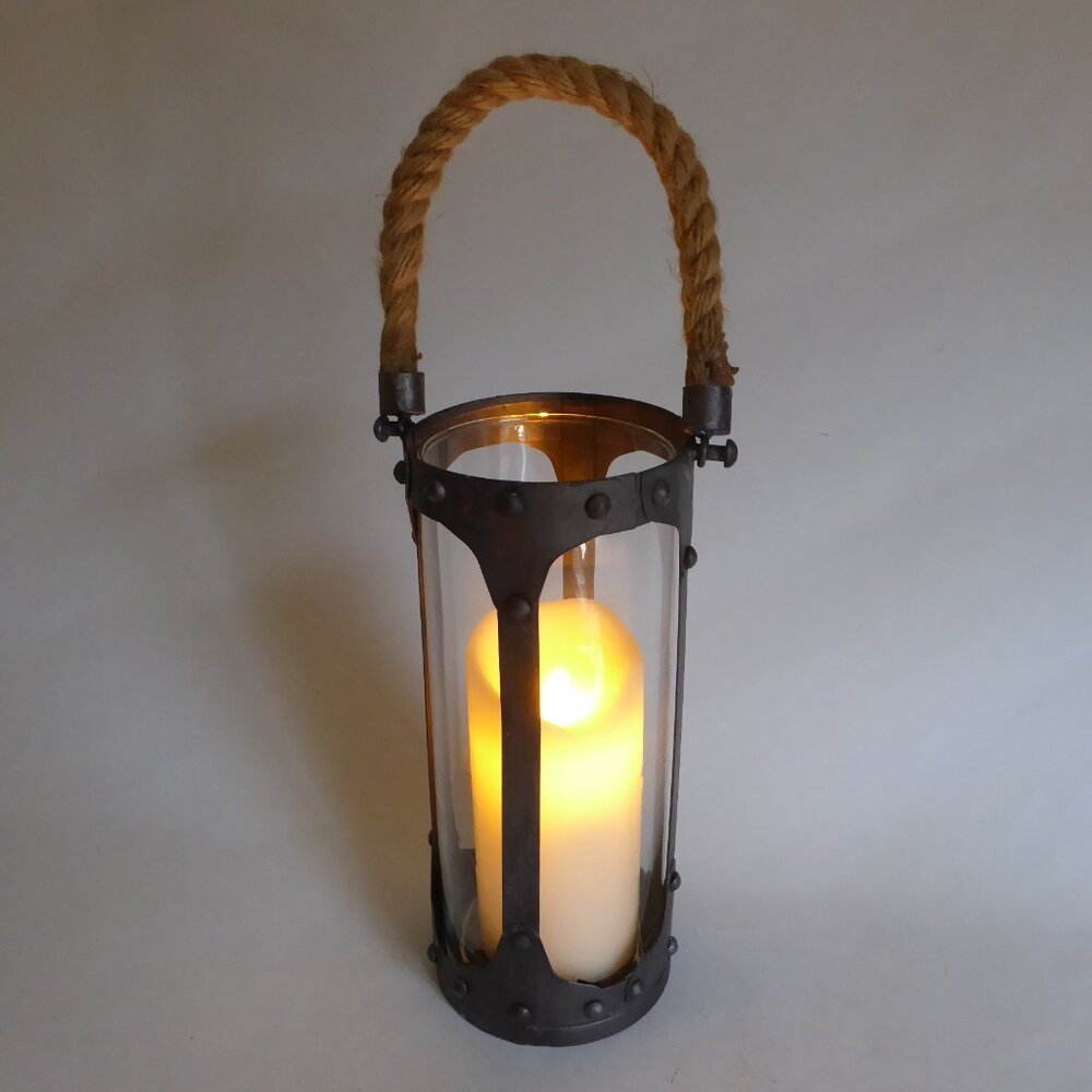 16” INDUSTRIAL NAUTICAL METAL GLASS LANTERN CANDLE HOLDER + FLICKERING CANDLE